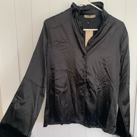 NWT night Black Satin Pajama Set With Feather Trim 8 - Picture 2 of 5